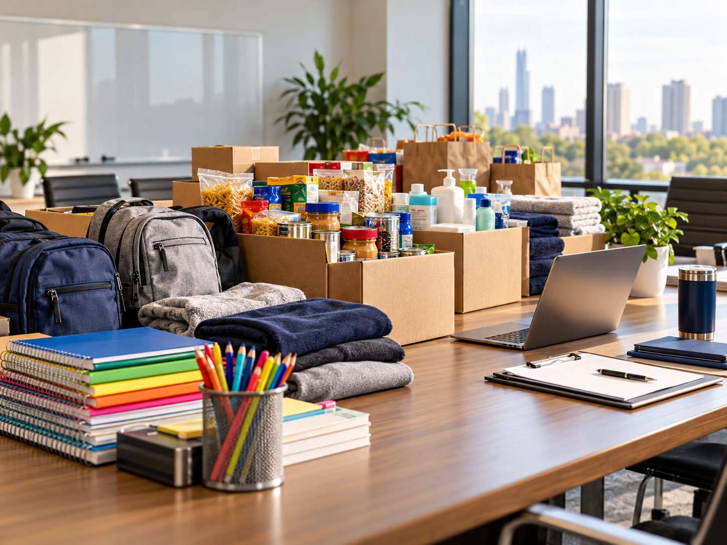 A professional workplace organizing donated pantry, school and household supplies for community support