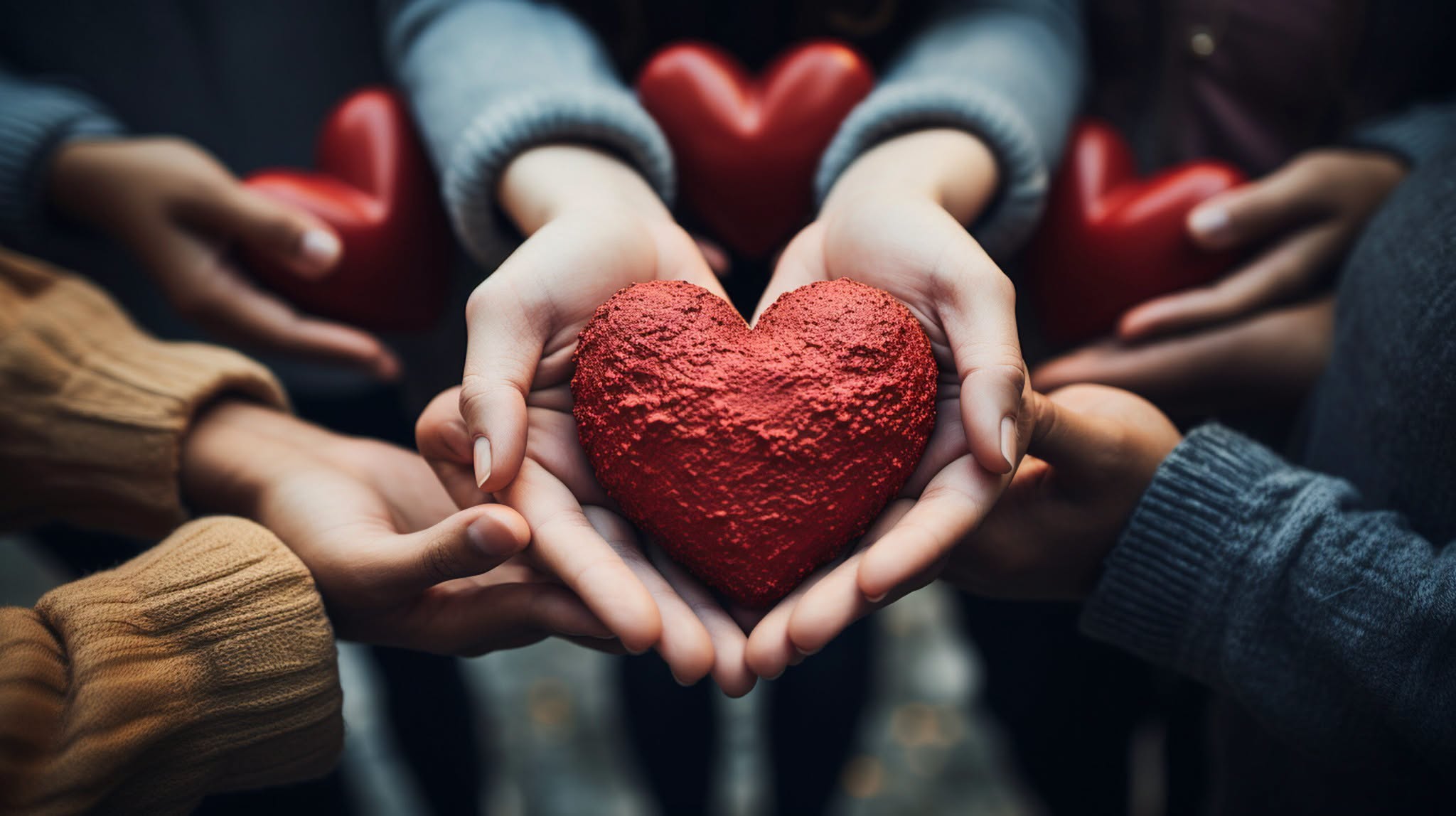 Several hands gently holding a red heart, representing care, support, and connection